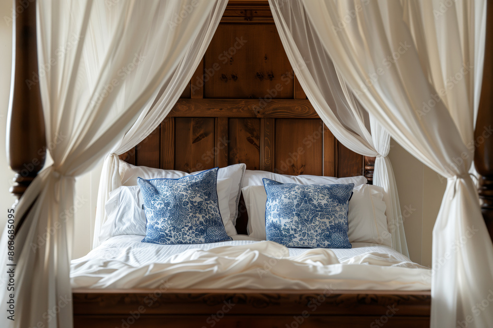 A four-poster bed with blue and white pillows in a luxury hotel resort A four-poster bed with blue and white pillows in a luxury hotel resort