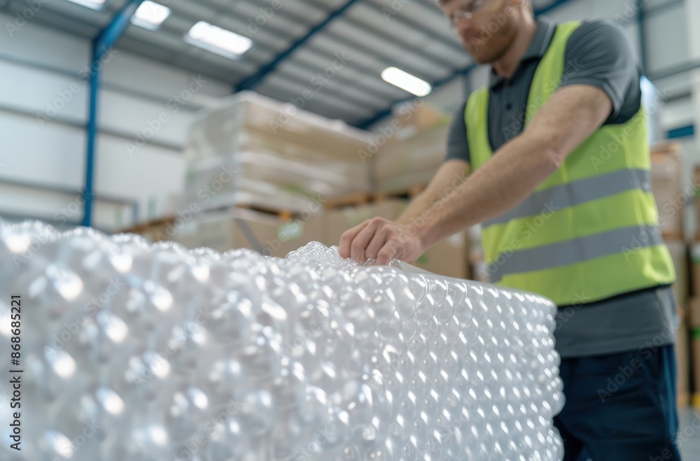 A warehouse worker carefully packs a large item with bubble wrap, ensuring safe and secure delivery. A warehouse worker carefully packs a large item with bubble wrap, ensuring safe and secure delivery.