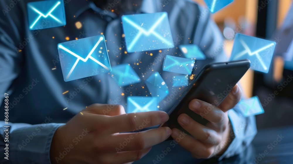 Email marketing concept businessman sending bulk newsletters to customer list with smartphone.