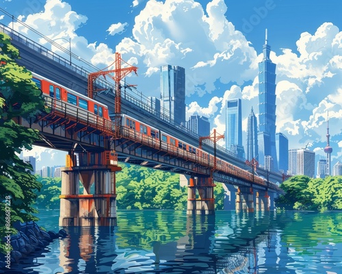 A metro train crossing a scenic bridge over a river, with city skyscrapers in the background