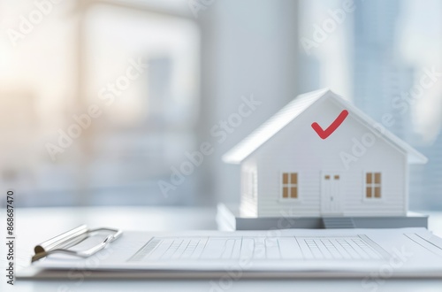 A white house model with a red checkmark sits on a clipboard with a document, symbolizing a successful real estate transaction.