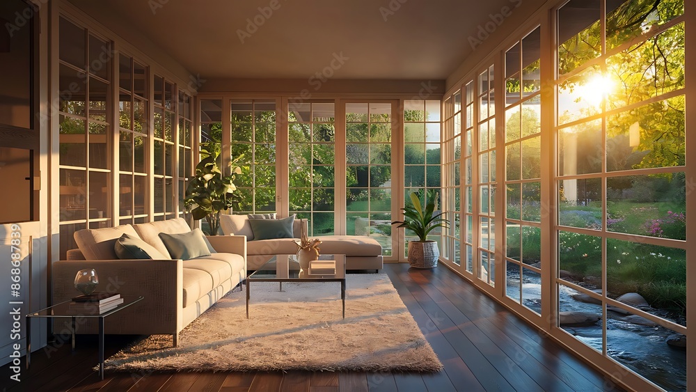 Naklejka premium Living room with wall of windows