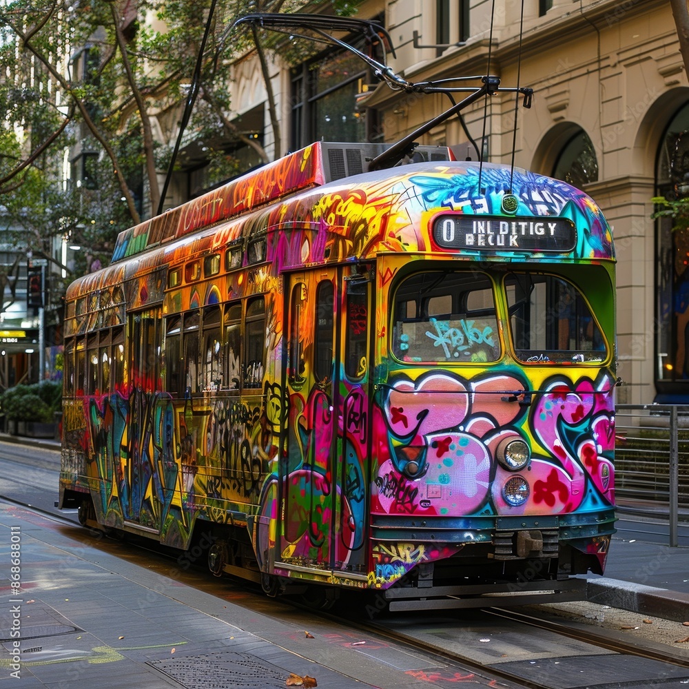 Obraz premium A tram in Melbourne, adorned with colorful graffiti art, showcasing the blend of culture and public transport