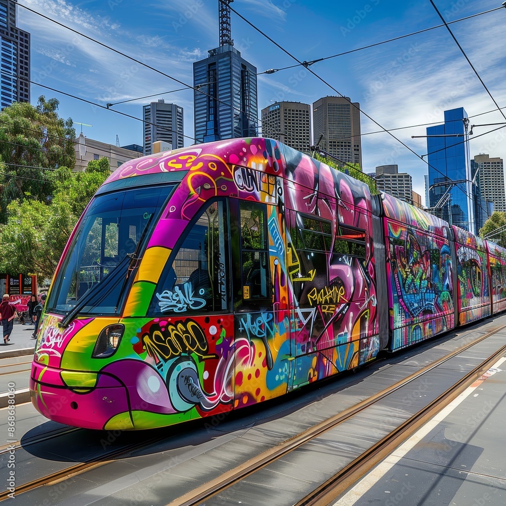 Obraz premium A tram in Melbourne, adorned with colorful graffiti art, showcasing the blend of culture and public transport