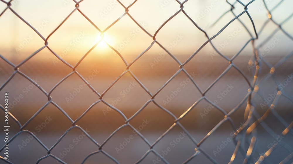 A wire fence mesh with the setting sun shining through, creating a warm glow. A wire fence mesh with the setting sun shining through, creating a warm glow.