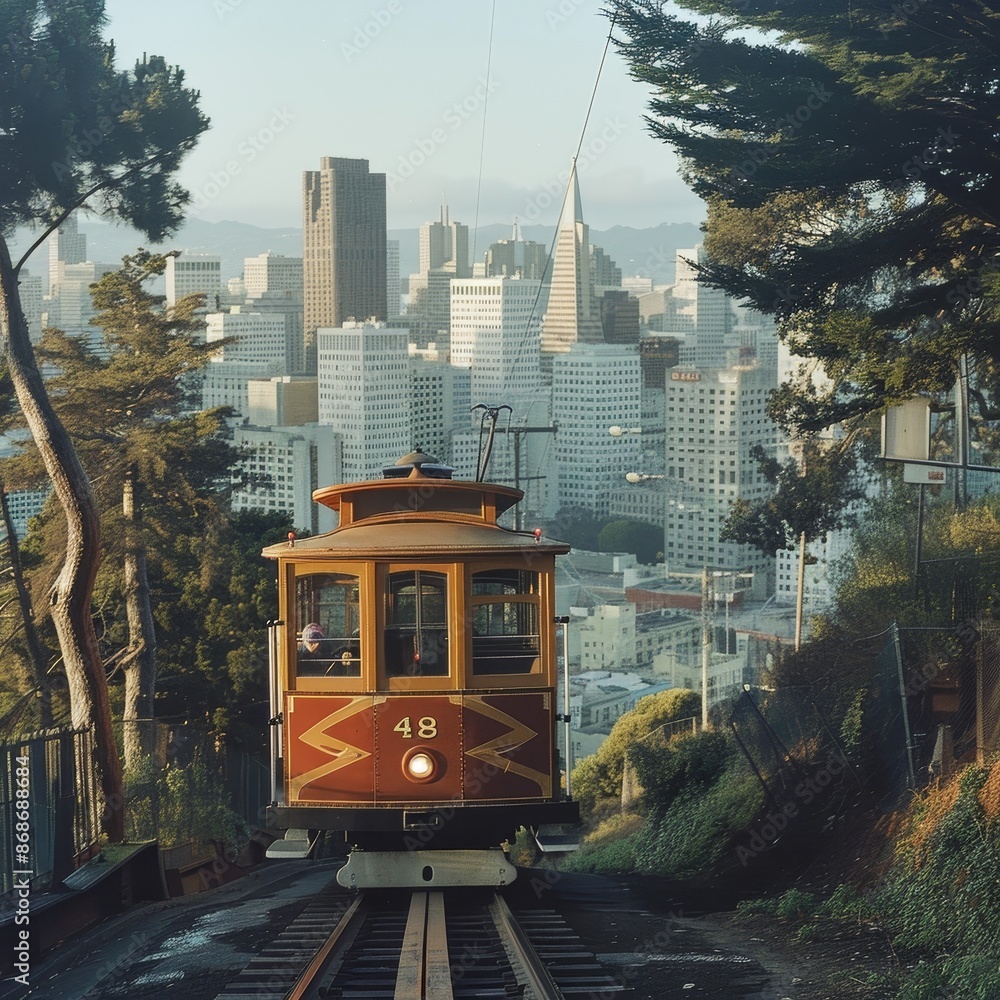 Obraz premium A vintage tram in San Francisco, climbing a steep hill with the city skyline in the background