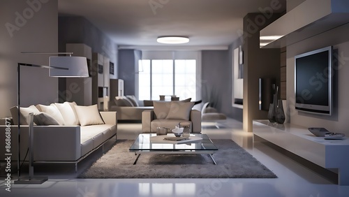 Interior of modern living room with sofa and furniture 3D rendering