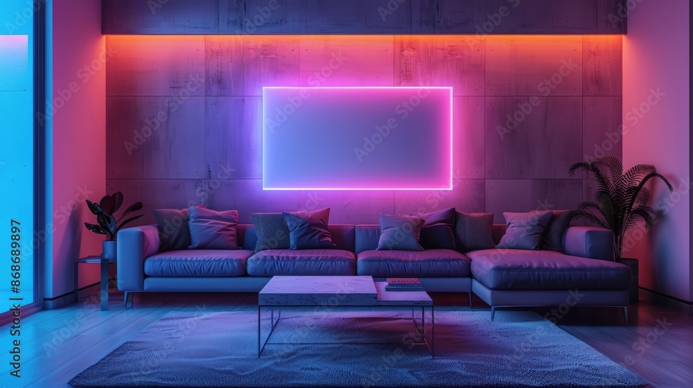 A modern living room with a neon light fixture, providing a minimalistic and stylish look. The image features plenty of copy space for adding text or graphics, making it ideal for various design A modern living room with a neon light fixture, providing a minimalistic and stylish look. The image features plenty of copy space for adding text or graphics, making it ideal for various design