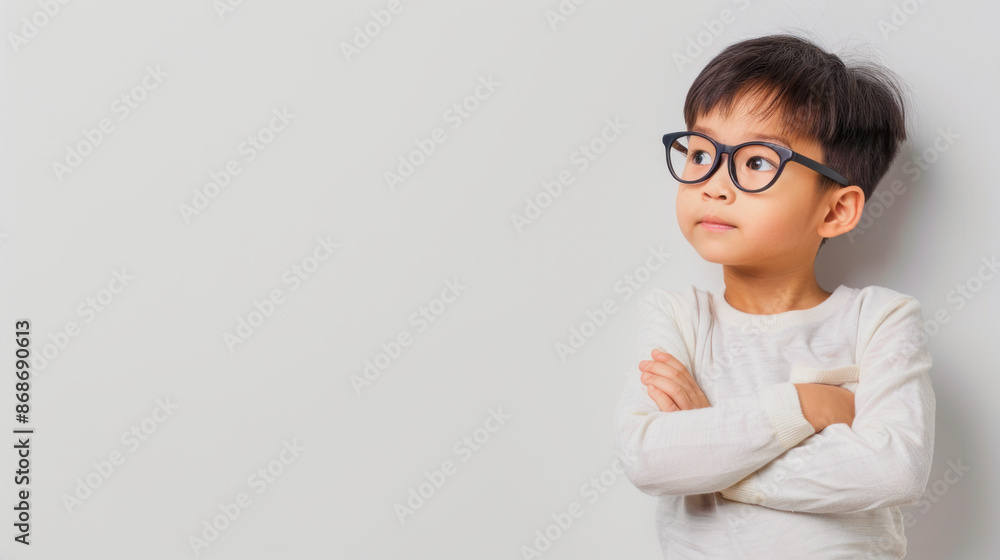 cute chinese boy with glasses looking thoughtful against plain white background with copyspace cute chinese boy with glasses looking thoughtful against plain white background with copyspace