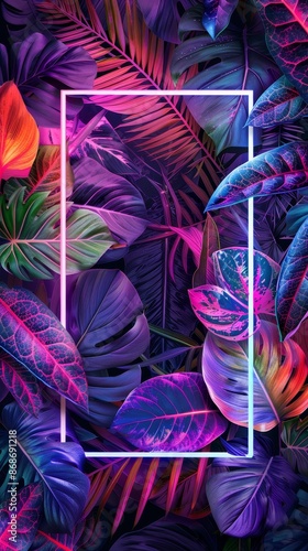 Colorful composition made of fluorescent tropical jungle leaves and a white rectangular neon frame, flat lay design modern nature concept