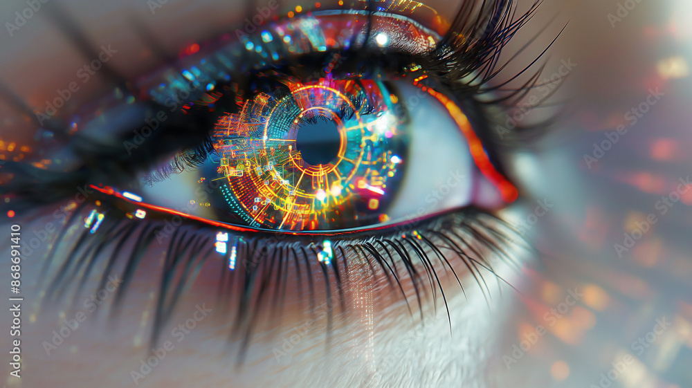 a virtual woman's eyes with long eyelashes, where virtual data is seamlessly blended into her colorful and detailed iris a virtual woman's eyes with long eyelashes, where virtual data is seamlessly blended into her colorful and detailed iris