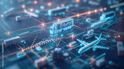 a smart logistics system optimizing supply chain efficiency, depicted with a simple and clean design. 