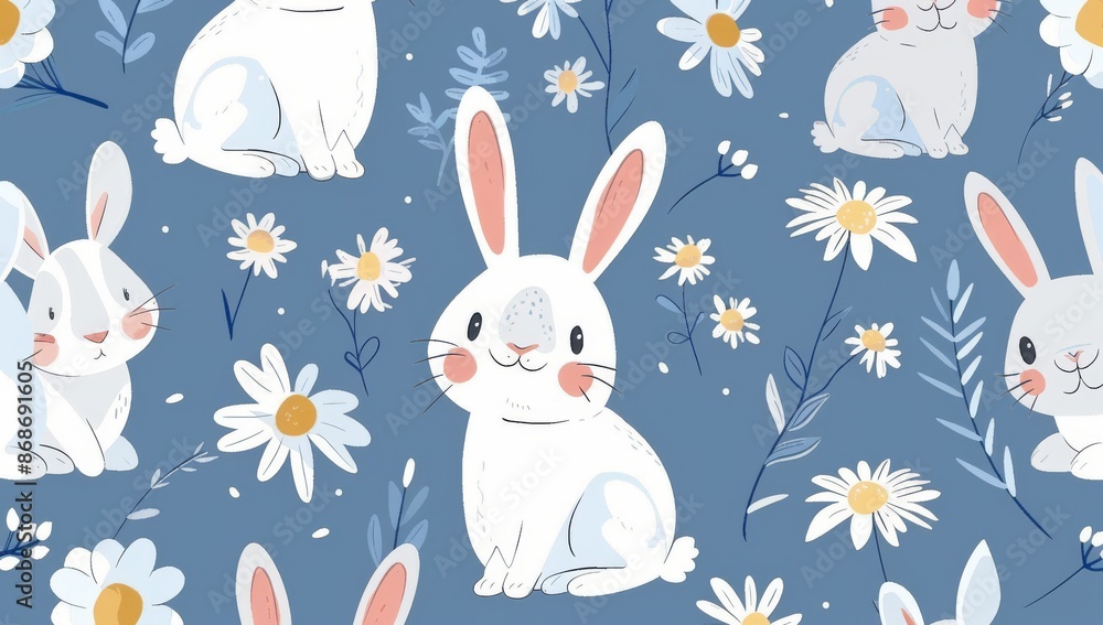 On a blue background, there are cartoon bunnies, a foot print, and a daisy flower. On a blue background, there are cartoon bunnies, a foot print, and a daisy flower.