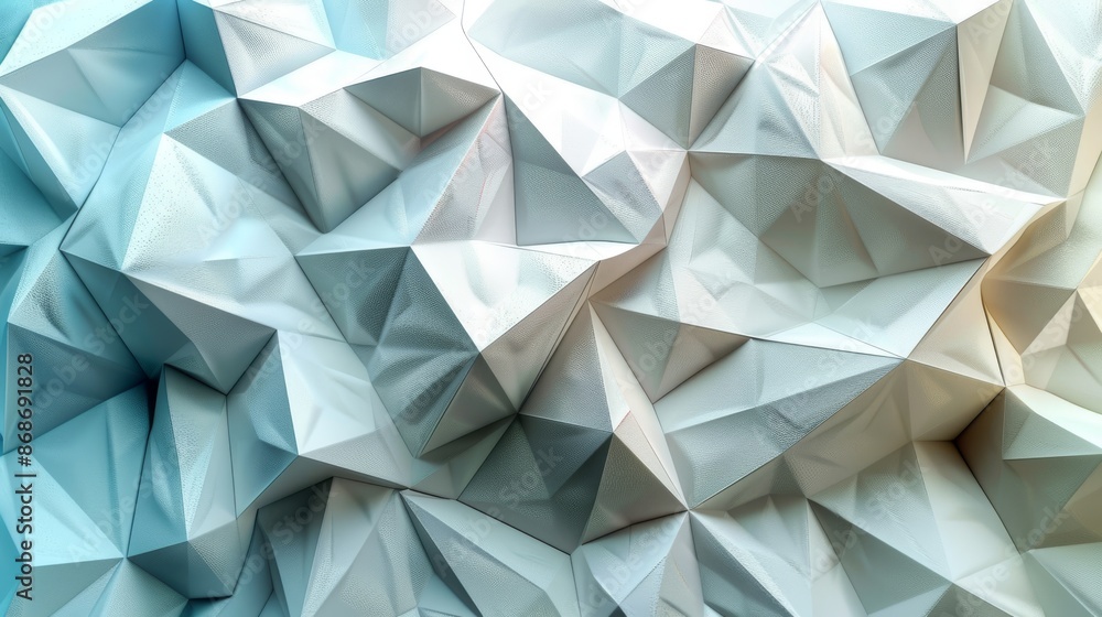 This futuristic digital science concept uses a geometric polygon triangle pattern on a white gray background.