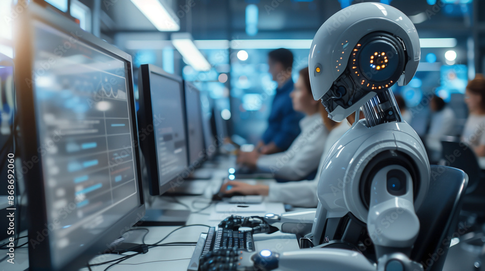 A futuristic office setting where a robot is working at a computer among human colleagues. The robot, designed with a sleek, humanoid appearance A futuristic office setting where a robot is working at a computer among human colleagues. The robot, designed with a sleek, humanoid appearance