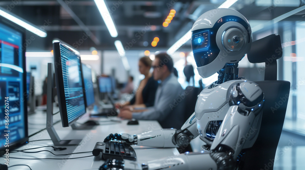 A futuristic office setting where a robot is working at a computer among human colleagues. The robot, designed with a sleek, humanoid appearance A futuristic office setting where a robot is working at a computer among human colleagues. The robot, designed with a sleek, humanoid appearance
