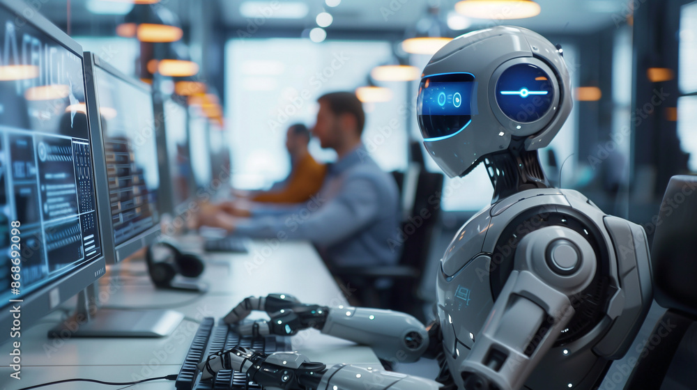 Fototapeta premium A futuristic office setting where a robot is working at a computer among human colleagues. The robot, designed with a sleek, humanoid appearance