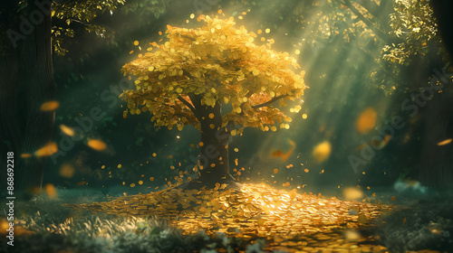 A gold money tree of good luck and Feng Shui, its branches adorned with shimmering golden coins, standing majestically in the middle of a lush green forest.