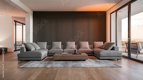 Modern living room interior, gray sofa on dark empty wall mockup, panorama. Modern living room interior, gray sofa on dark empty wall mockup