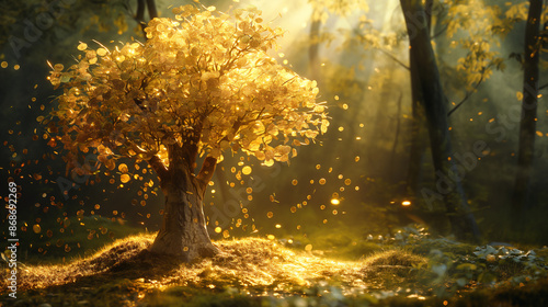 A gold money tree of good luck and Feng Shui, its branches adorned with shimmering golden coins, standing majestically in the middle of a lush green forest.