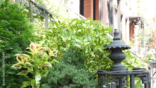 New York City townhouse building, Brooklyn Heights residential district, USA. Brownstone urban architecture, attached house. United States real estate, american property, apartments and homes in NYC.