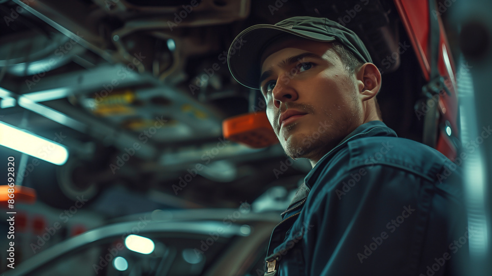 A mechanic in a car uniform and cap, standing under a car in a modern garage room, repairing or fixing automobile vehicle parts A mechanic in a car uniform and cap, standing under a car in a modern garage room, repairing or fixing automobile vehicle parts