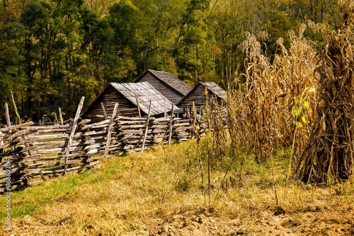 split rail fence and restored vintage buildings at the visitors center at the Grear Smoky Mountains National Park, Tennessee