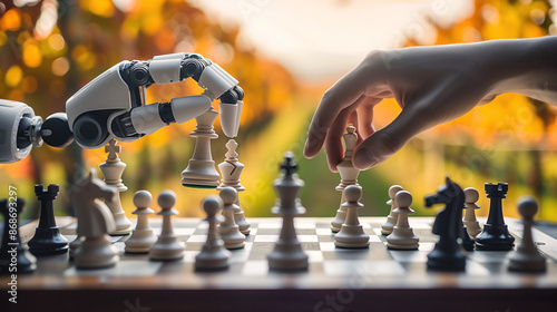 A robot playing chess with a human in a serene outdoor setting, with a grape farm garden blurred in the bokeh background