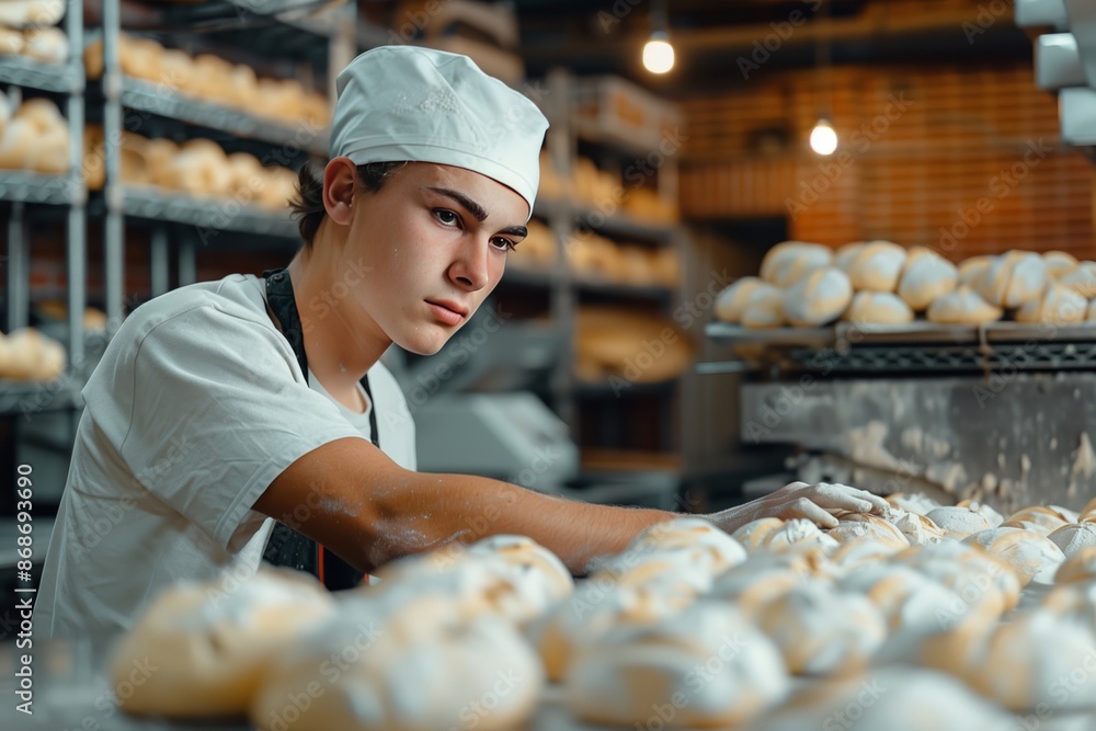Focused young baker in a white uniform and cap working diligently in an artisan bakery. Focused young baker in a white uniform and cap working diligently in an artisan bakery.