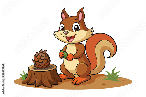 Cartoon funny squirrel holding pinecone on tree stump vector