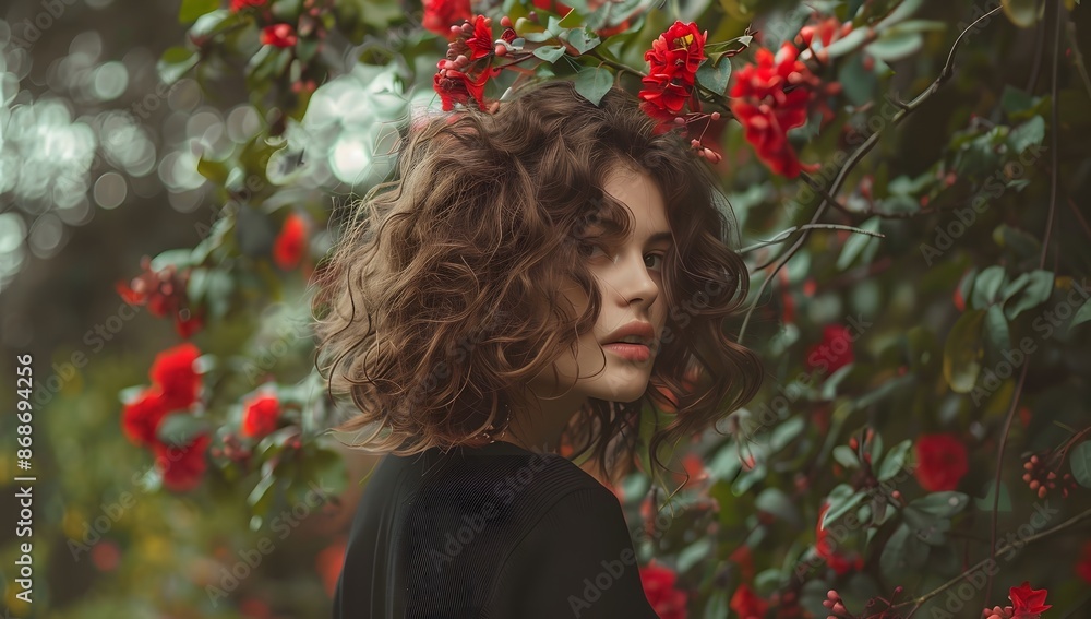 Naklejka premium Curly Hair Woman by Red Flowers in Nature