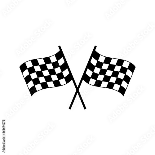 Flag icon. Racing sign. Checkered racing flag. Checkered racing flag on flagpole. Black and white flag