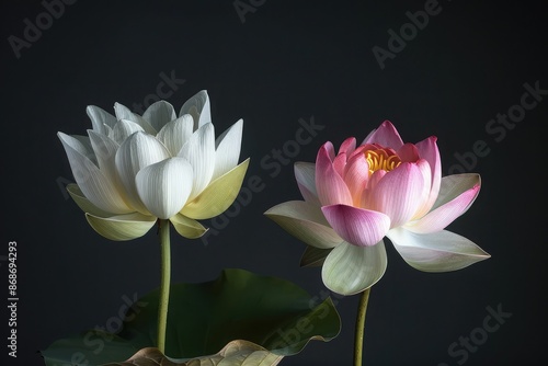 Wallpaper Mural A lotus and a water lily side by side, blending the symbolic purity of the lotus with the floating grace of the water lily against a dark charcoal background. Torontodigital.ca