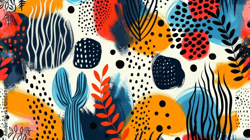 An abstract modern art seamless pattern with black and white doodles. A flat cartoon background, simple random shapes in bright childish colors. An abstract modern art seamless pattern with black and white doodles. A flat cartoon background, simple random shapes in bright childish colors.