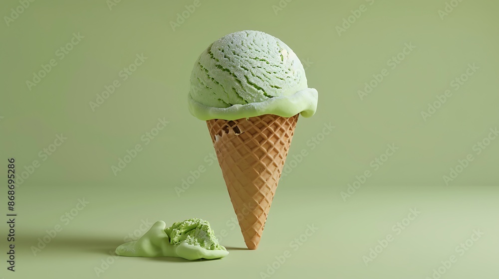 Green ice cream cone on a vanilla background very detailed and realistic shape Green ice cream cone on a vanilla background very detailed and realistic shape