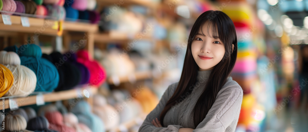 Asia young small business entrepreneur woman in a Ordinary Attire Standing cross arm in her Small Yarn shop blurred in bokeh Asia young small business entrepreneur woman in a Ordinary Attire Standing cross arm in her Small Yarn shop blurred in bokeh