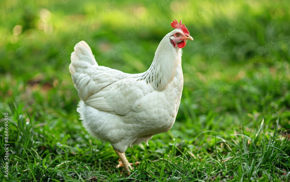 A white chicken is standing in the grass A white chicken is standing in the grass