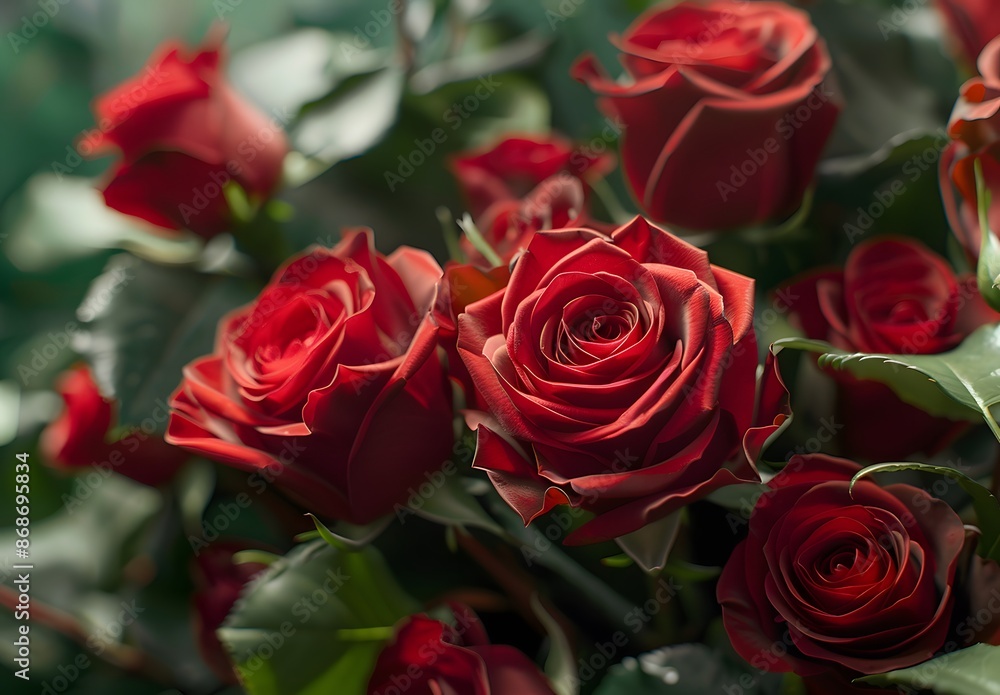 Close-up Red Rose Bouquet with Green Leaves Close-up Red Rose Bouquet with Green Leaves