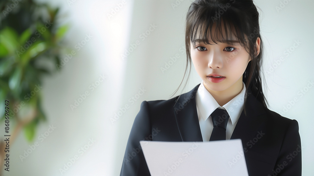 Asian girl in a Dark sharp suit Standing and holding paper that write Asian girl in a Dark sharp suit Standing and holding paper that write