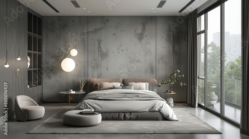 A modern gray bedroom with a clean, minimalist aesthetic, offering a peaceful setting and abundant copy space.
