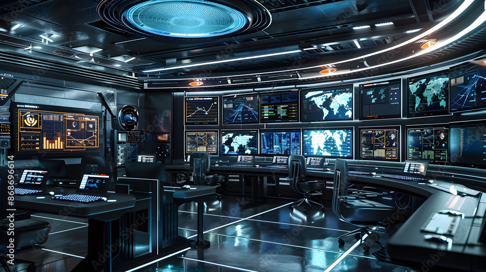 A sleek control room with multiple monitors showing AI data analytics A sleek control room with multiple monitors showing AI data analytics