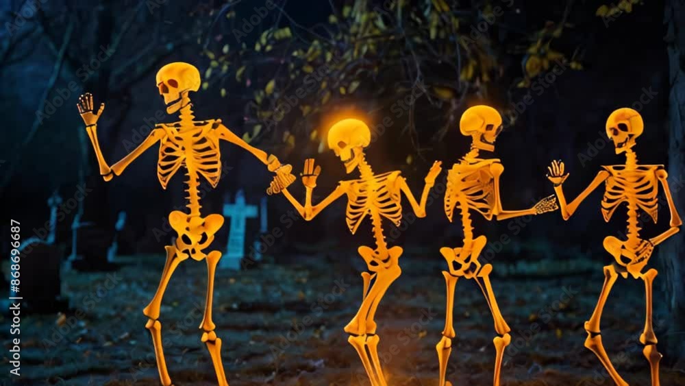 glowing skeletons dance stand in a graveyard at night, illuminated by a flickering fire in the background. Halloween party