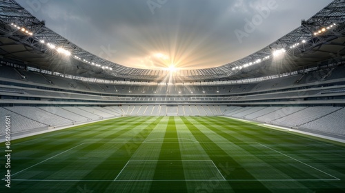 Wallpaper Mural A stunning view of an empty sports stadium with a green field and sunshine breaking through clouds, perfect for sports events and architectural design. Torontodigital.ca