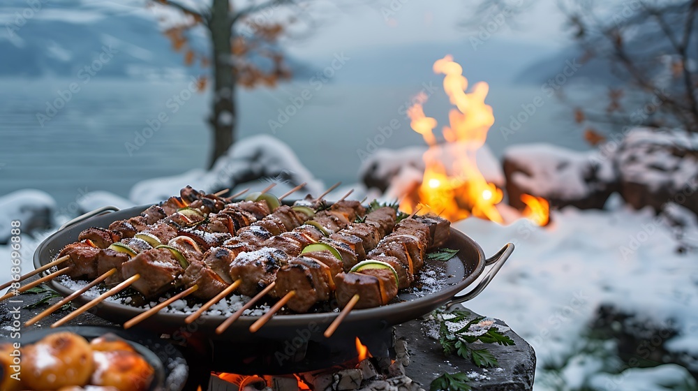 Grilled seekh kebabs in winter outdoor dinner table setting on a lake very detailed and realistic shape