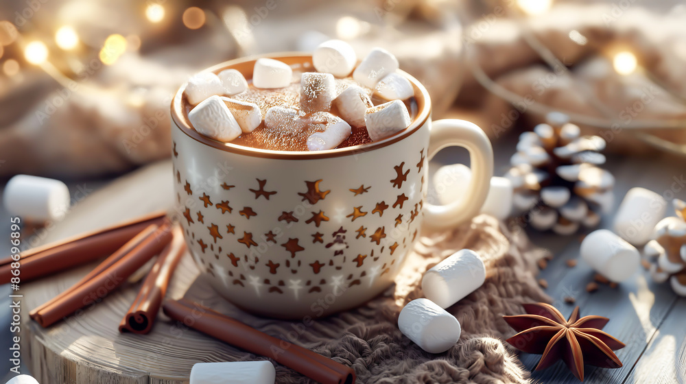 A cup of hot chocolate with marshmallows and cinnamon sticks A cup of hot chocolate with marshmallows and cinnamon sticks