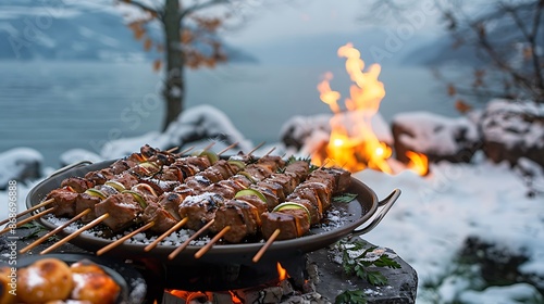Obraz na płótnie Grilled seekh kebabs in winter outdoor dinner table setting on a lake very detailed and realistic shape w salonie