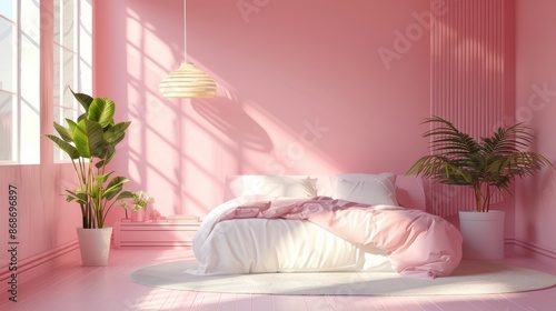 A serene pink bedroom designed with minimalistic furniture, offering a tranquil atmosphere and plenty of copy space for text or graphics.