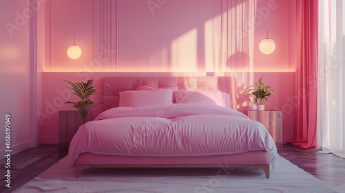 A tranquil bedroom designed in pink hues, showcasing a minimalist approach with open copy space for adding personalized content.