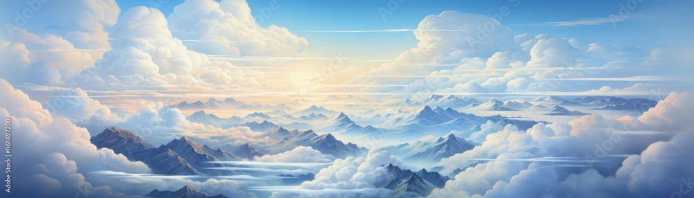 Delicate pastel blue sky with fluffy clouds casting subtle shadows, open and airy Delicate pastel blue sky with fluffy clouds casting subtle shadows, open and airy