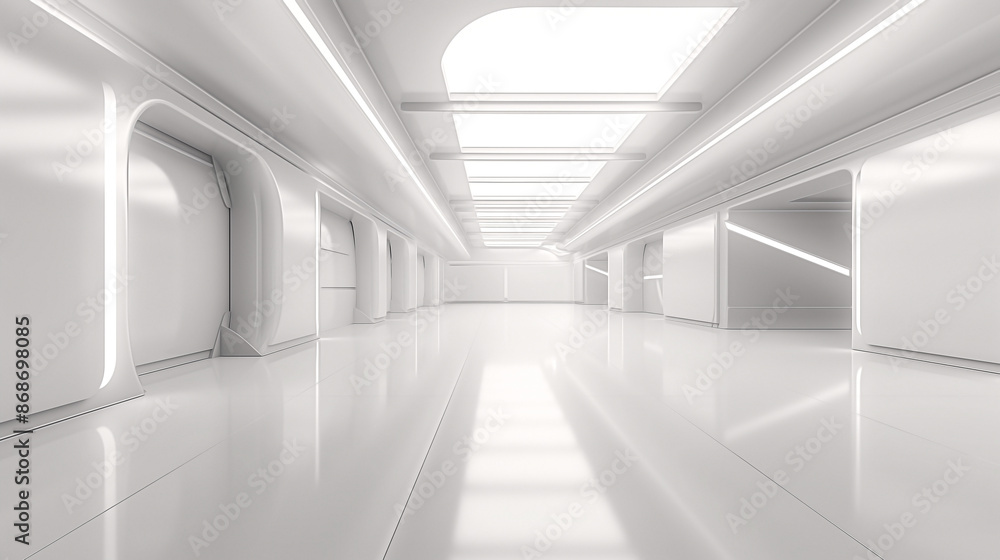Empty Long Light Corridor. Modern white background